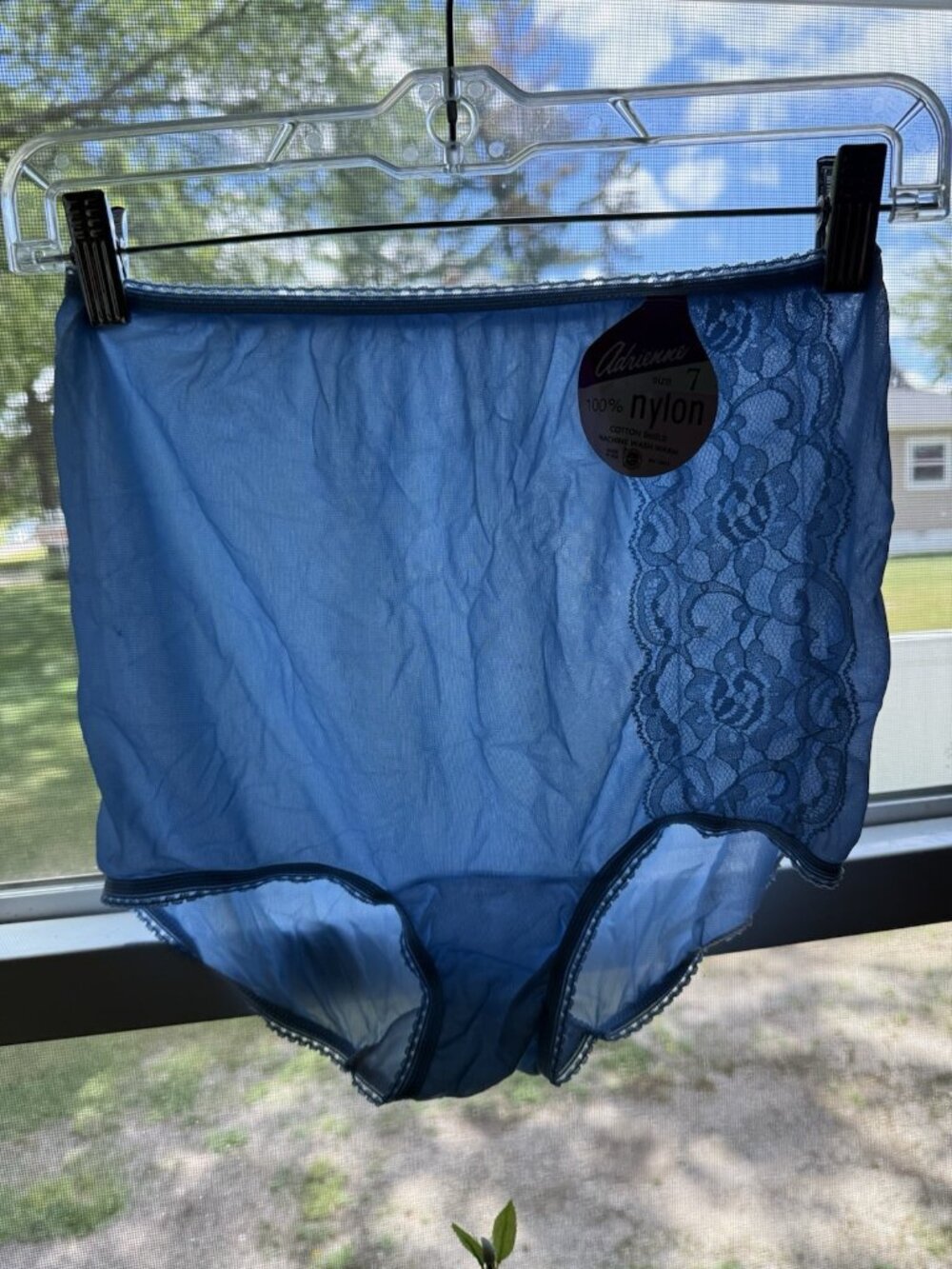 Deadstock Vintage 70s Blue Panties Satin Nylon Lace Mushroom Gusset Blue Sheer 7
